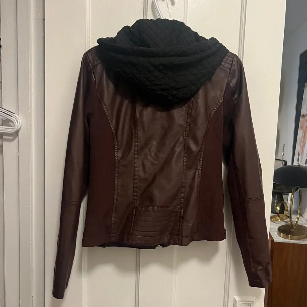 Sebby brown faux leather biker jacket w/black quilted hood/vest size s - Picture 11 of 12